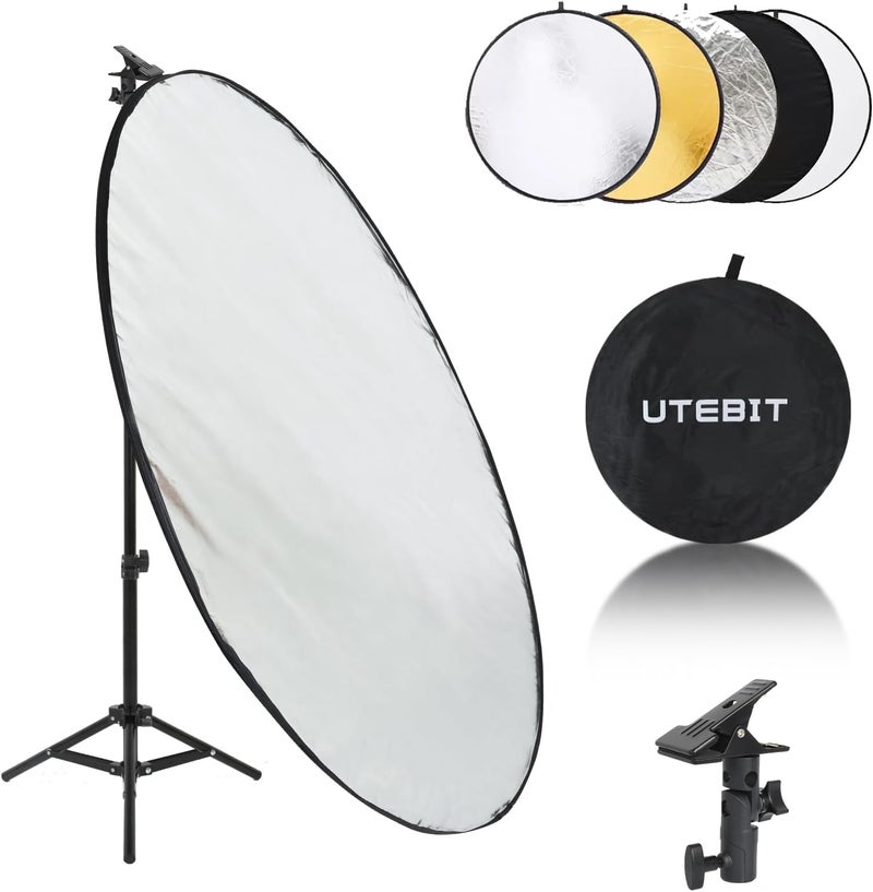 UTEBIT 31 Inch (80cm) Light Reflector Stand Kit Diffuser 5 in 1 Collapsible Multi Disc with Bag, 48 Inch Light Stand, Photography Reflector Holder-Translucent/Silver/Gold/White/Black - Image 1